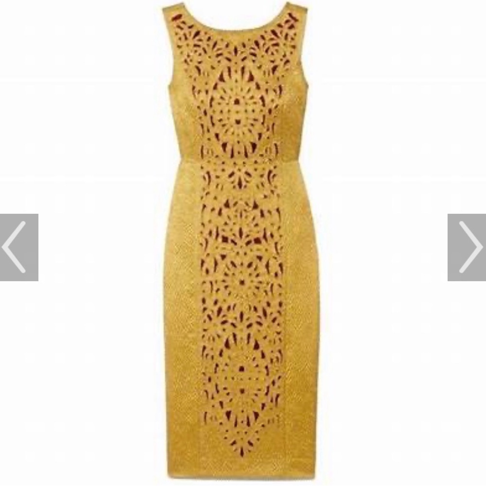 Tory Burch Golden Mustard Laser-Cut Midi Dress